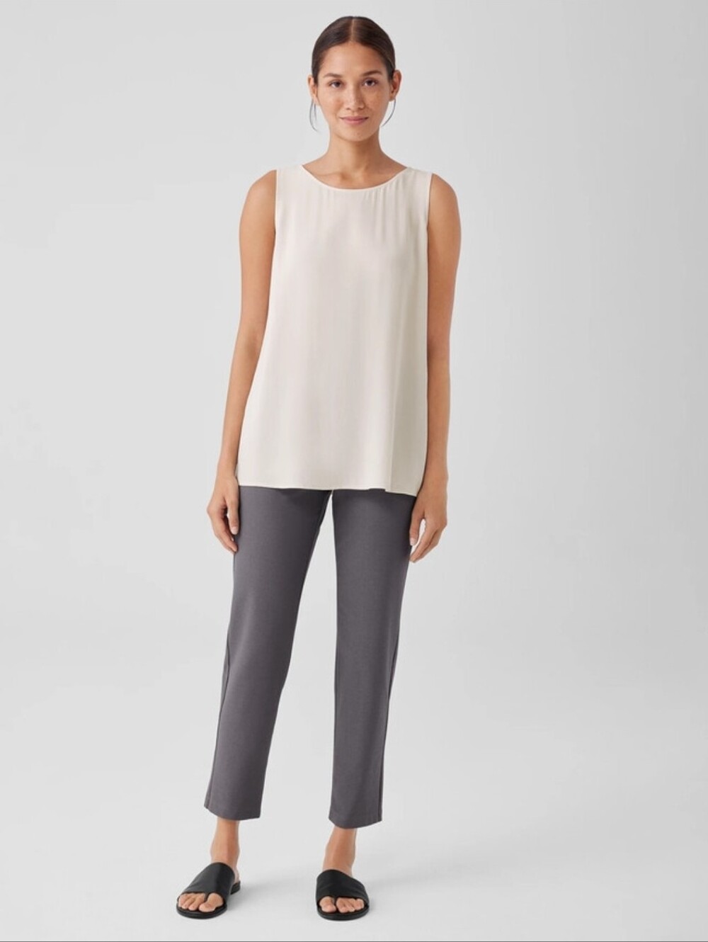 EILEEN FISHER Washable Stretch Crepe Slim Ankle Pant In Gray Sz Large Minimalist